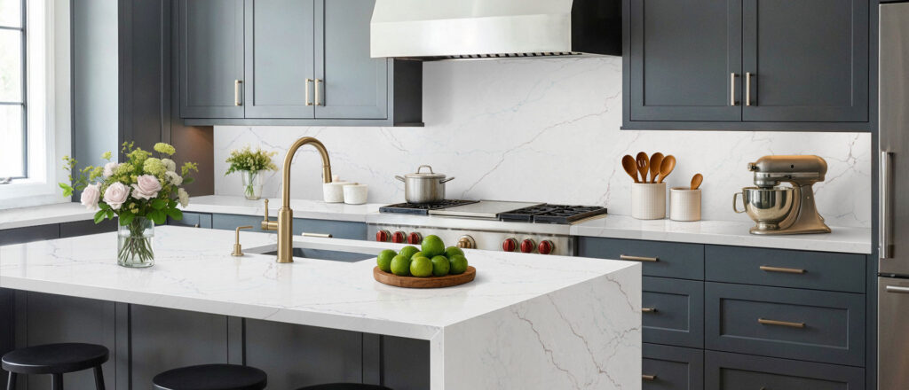 Calacatta Miraggio Seaglass quartz countertop in a modern kitchen