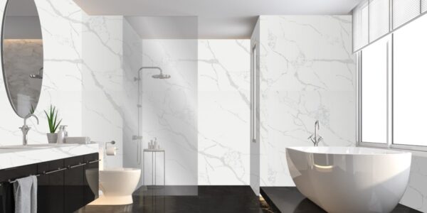 Arabescato Jumbo Quartz by Venezia Surfaces with white background cream shade and gray veins