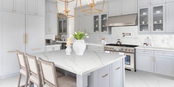 Arabescato Jumbo Quartz by Venezia Surfaces with white background cream shade and gray veins