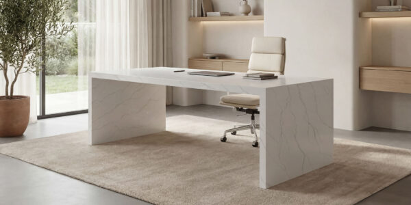 Borghini Gold Jumbo Quartz by Venezia Surfaces with white background and soft gold veining