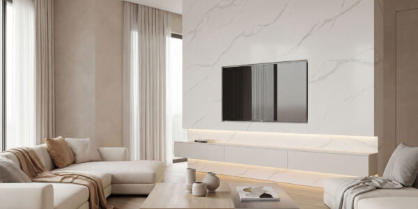 Borghini Silver Jumbo Quartz by Venezia Surfaces with silvery white background and light gray veins