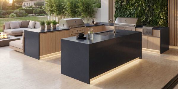 Brussels Blue Leather Jumbo Quartz by Venezia Surfaces dark black quartz slab with subtle blue undertones