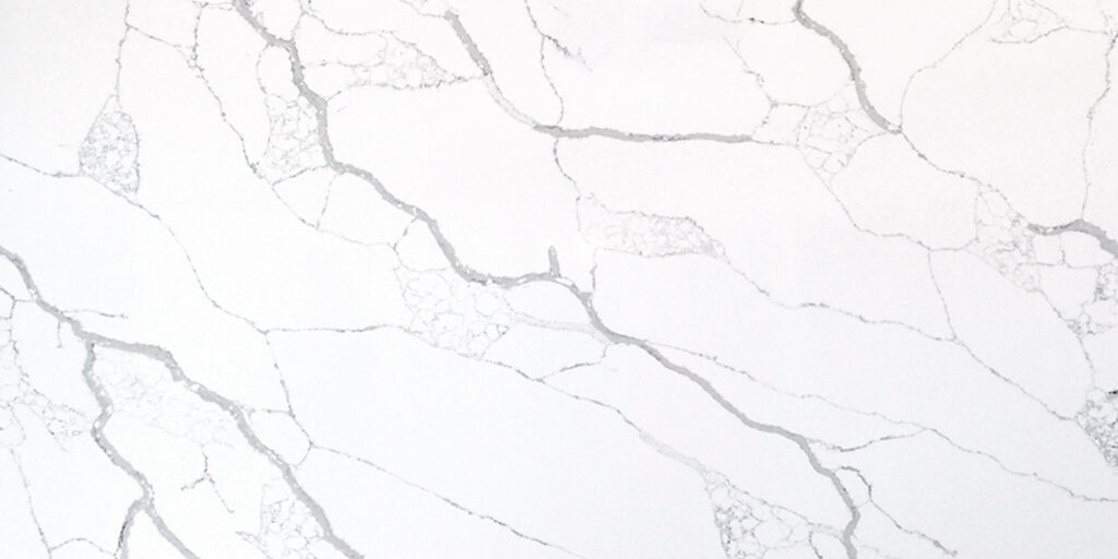 Calacatta Arabescato Jumbo Quartz by Venezia Surfaces with snow-white background and long gray veins