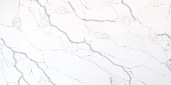 Calacatta Arabescato Jumbo Quartz by Venezia Surfaces with snow-white background and long gray veins