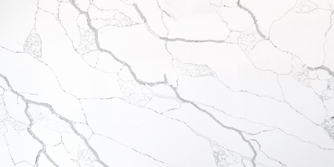 Calacatta Arabescato Jumbo Quartz by Venezia Surfaces with snow-white background and long gray veins