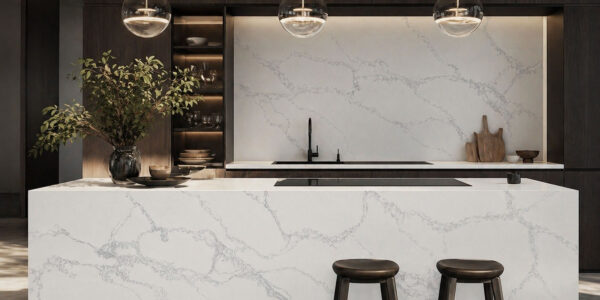 Calacatta Polaris Grey IR Quartz by Venezia Surfaces with white background and soft gray veining