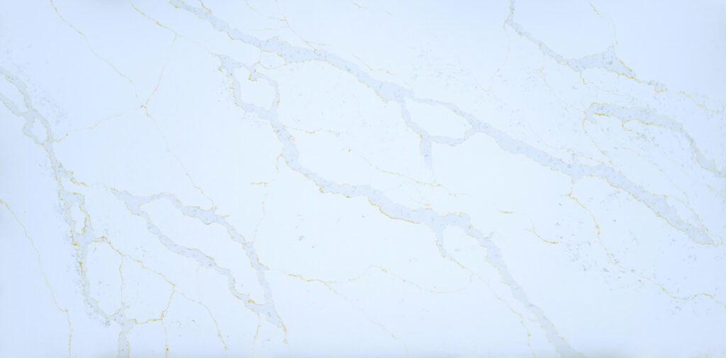 Calacatta Sands Quartz by Venezia Surfaces with white background gray veins and soft gold accents