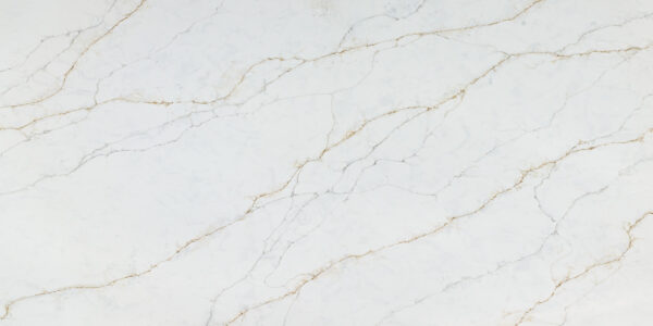 Calacatta Sicilia Quartz by Venezia Surfaces with white background gray veins and soft gold accents
