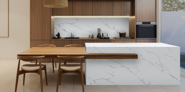 Calacatta Fantasy Jumbo Quartz by Venezia Surfaces with white background and soft gray veining