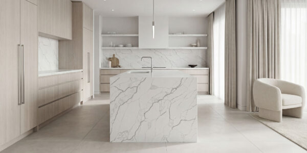 Calacatta Arabescato Jumbo Quartz by Venezia Surfaces with snow-white background and long gray veins