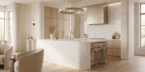 Calacatta Bolognia Quartz by Venezia Surfaces with white background and soft gray beige veining