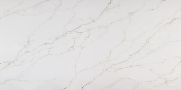 Calacatta Bolognia Quartz by Venezia Surfaces with white background and soft gray beige veining
