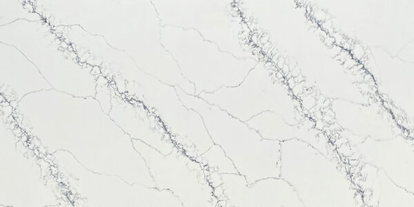 Calacatta Capraia Quartz by Venezia Surfaces with white background and wide soft gray veining