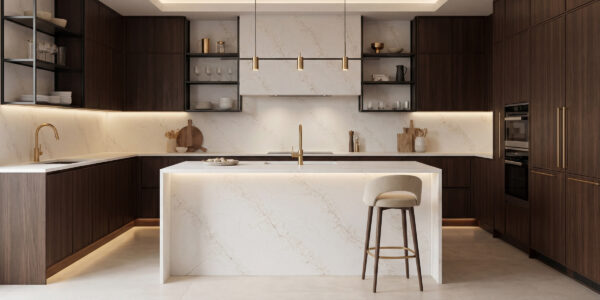 Calacatta Capraia Gold Jumbo Quartz by Venezia Surfaces with white background and soft gold veining