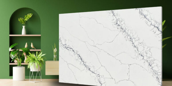 Calacatta Capraia Quartz by Venezia Surfaces with white background and wide soft gray veining