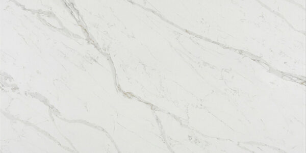 Calacatta Covelano Jumbo Quartz by Venezia Surfaces with white background and soft gray veining