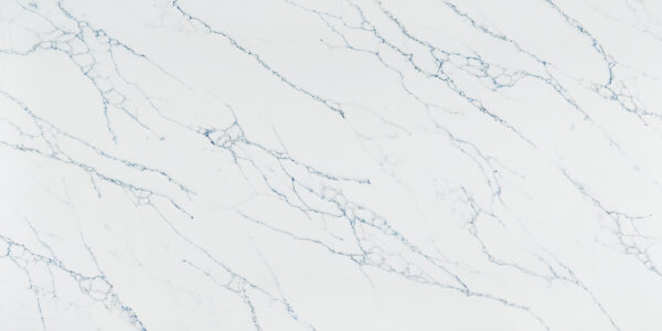 Calacatta Essence Jumbo Quartz by Venezia Surfaces with white background and thin gray-blue veins