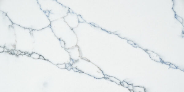 Calacatta Essence Jumbo Quartz by Venezia Surfaces with white background and thin gray-blue veins