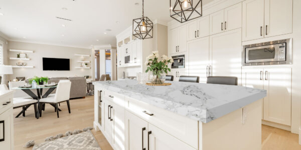 Calacatta Fall Quartz by Venezia Surfaces with white background and wide gray veining