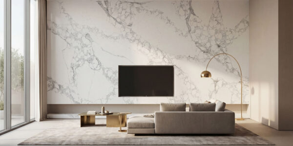 Calacatta Fall Quartz by Venezia Surfaces with white background and wide gray veining