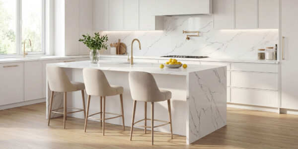 Calacatta Fantasy Jumbo Quartz by Venezia Surfaces with white background and soft gray veining