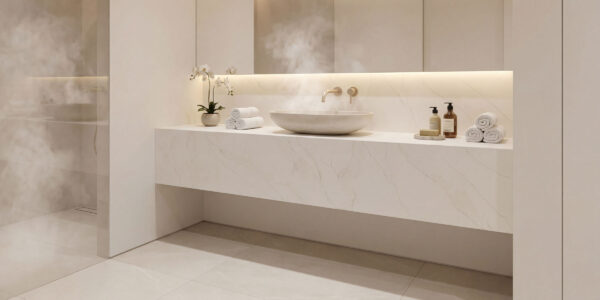 Calacatta Gold Jumbo Quartz by Venezia Surfaces with light gray quartz background and white gray movement