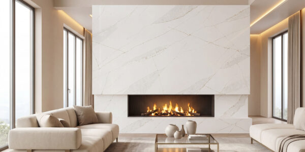 Calacatta Gold Vein Quartz by Venezia Surfaces with white background and prominent gold veining