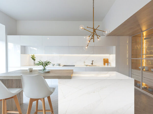 Calacatta Gold Vein Quartz by Venezia Surfaces with white background and prominent gold veining