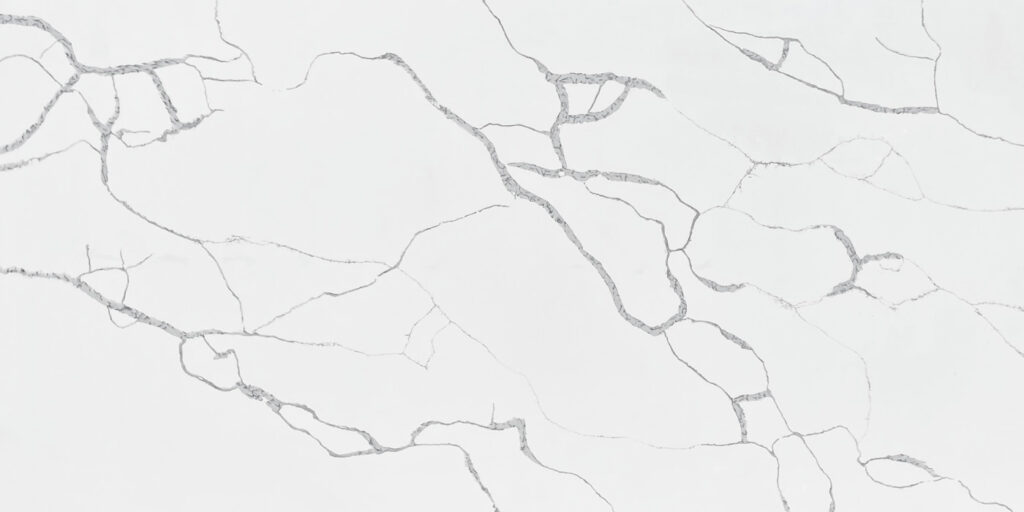 Calacatta Ivy Quartz by Venezia Surfaces with white background and ivy-like gray veining