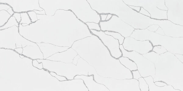 Calacatta Ivy Quartz by Venezia Surfaces with white background and ivy-like gray veining