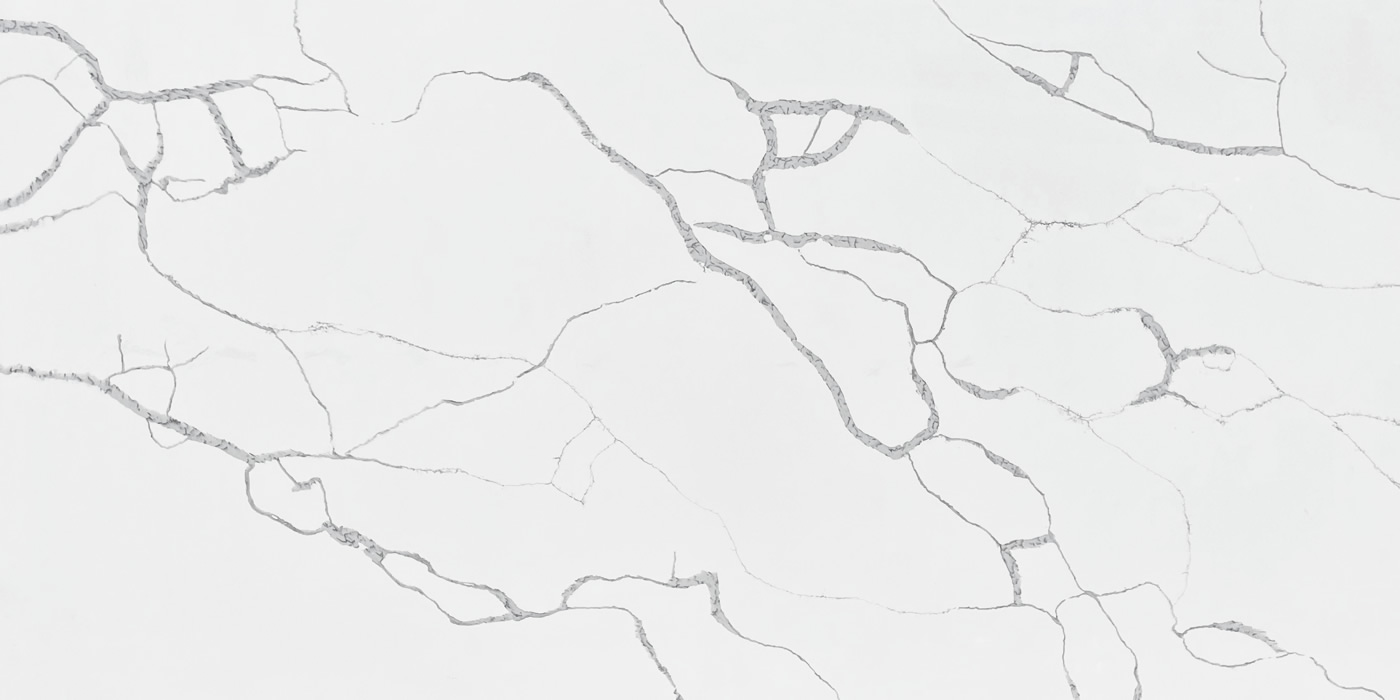Calacatta Ivy Quartz by Venezia Surfaces with white background and ivy-like gray veining