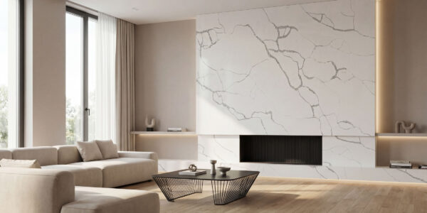 Calacatta Ivy Quartz by Venezia Surfaces with white background and ivy-like gray veining