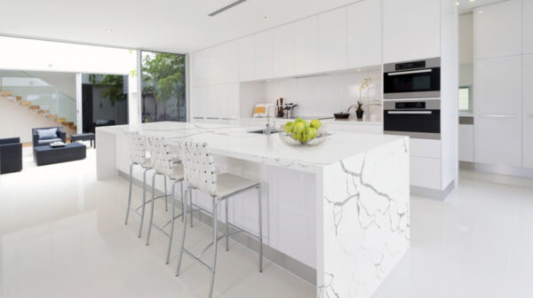 Calacatta Ivy Quartz by Venezia Surfaces with white background and ivy-like gray veining