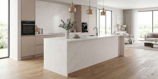 Calacatta Lincoln Jumbo Quartz by Venezia Surfaces with light cream background and subtle gray veining