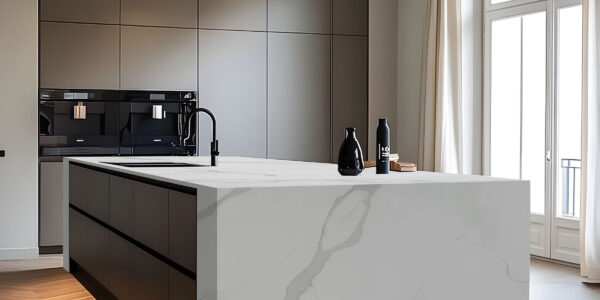 Calacatta Luxury Quartz by Venezia Surfaces with white background and soft gray veining