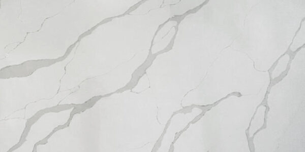 Calacatta Luxury Quartz by Venezia Surfaces with white background and soft gray veining