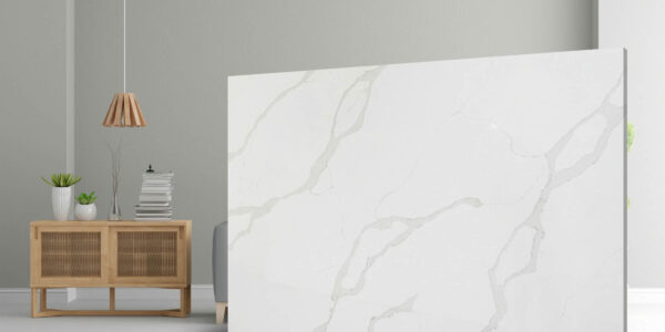 Calacatta Luxury Quartz by Venezia Surfaces with white background and soft gray veining