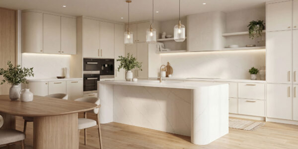 Calacatta Marseille Gold Quartz by Venezia Surfaces with white background and soft gold gray veining