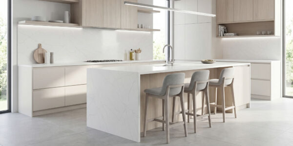 Calacatta Marseille Silver Quartz by Venezia Surfaces with white background and silver gray veining