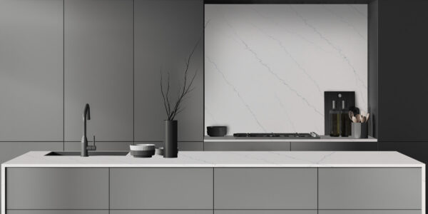 Calacatta Marseille Gold Quartz by Venezia Surfaces with white background and soft gold gray veining