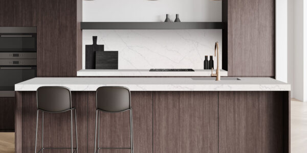 Calacatta Marseille Silver Quartz by Venezia Surfaces with white background and silver gray veining
