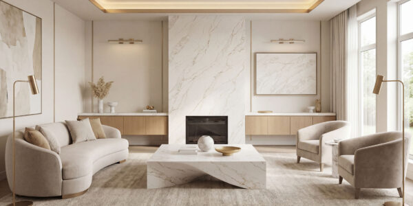 Calacatta Milano Quartz by Venezia Surfaces with light gray background and gray veining