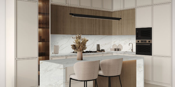 Calacatta Milano Quartz by Venezia Surfaces with light gray background and gray veining