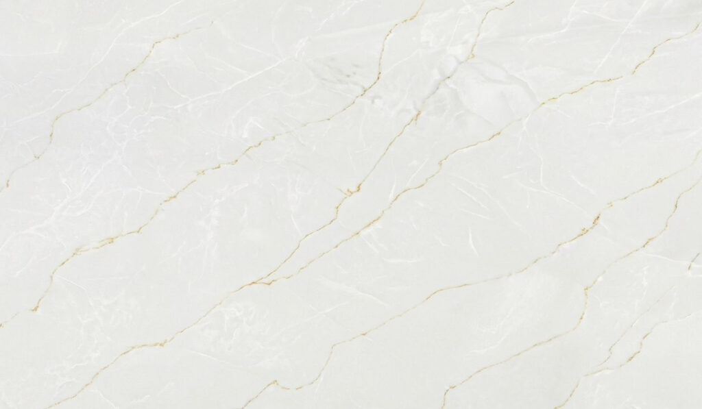 Calacatta Mont Blanc Quartz by Venezia Surfaces with white background and soft gold gray veining