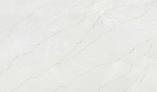 Calacatta Mont Blanc Quartz by Venezia Surfaces with white background and soft gold gray veining