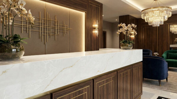 Calacatta Mont Blanc Quartz by Venezia Surfaces with white background and soft gold gray veining