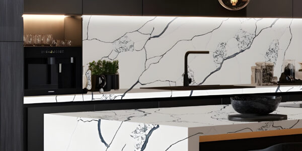 Calacatta Nest Jumbo Quartz by Venezia Surfaces with white background and bold black veining