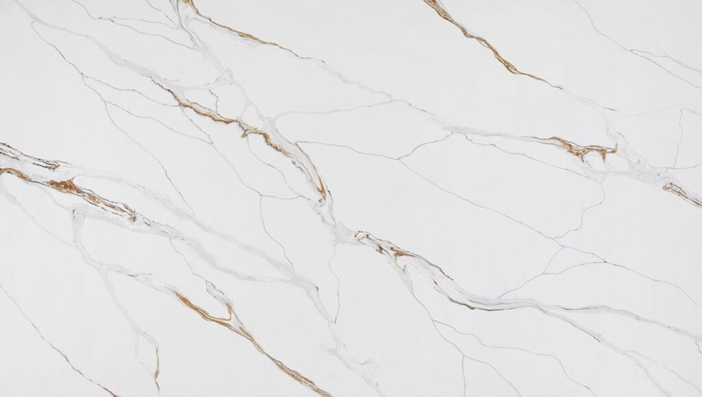 Calacatta Paris Quartz by Venezia Surfaces with white background and gold gray veining