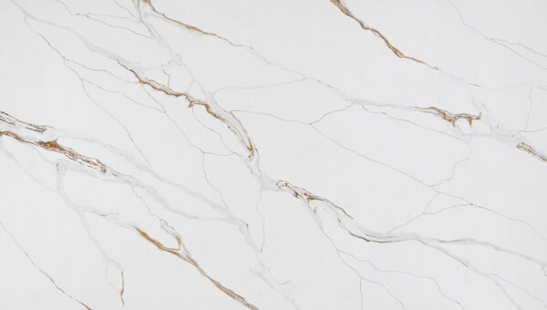 Calacatta Paris Quartz by Venezia Surfaces with white background and gold gray veining