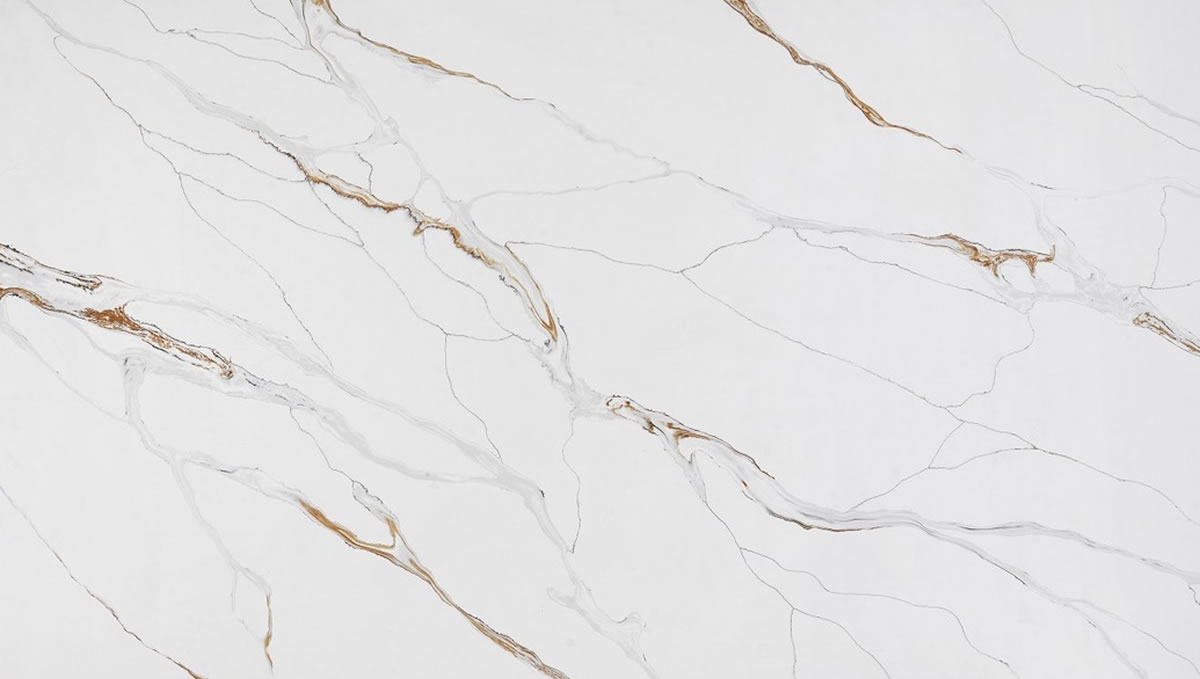 Calacatta Paris Quartz by Venezia Surfaces with white background and gold gray veining